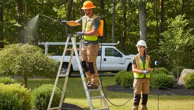 Cape Coral, FL tree service crew installing deer deterrents for trees, shrubs, and landscapes
