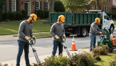 Cape Coral, FL tree service crew removing overgrown shrubs from a residential yard