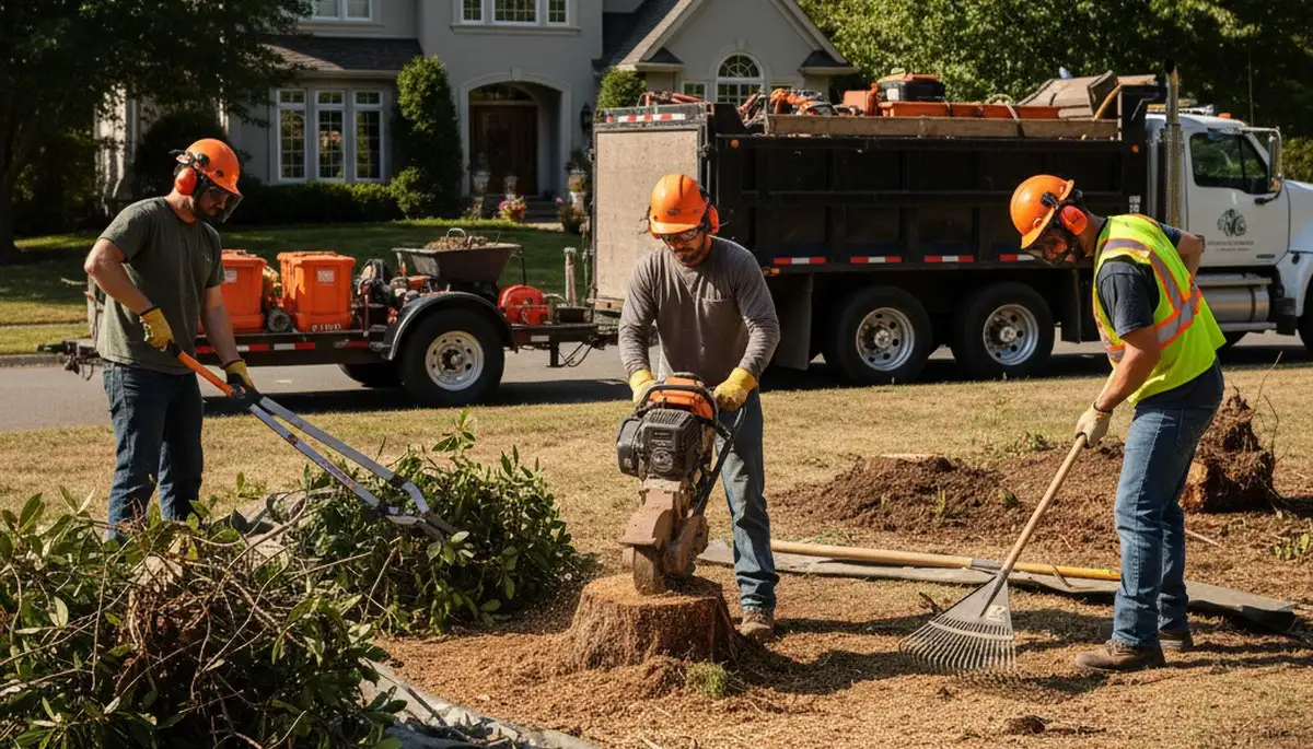 Cape Coral, FL shrub removal team clearing overgrown yard with professional tree-service equipment
