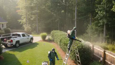 Cape Coral, FL tree service crew performing tick control treatment in a residential yard